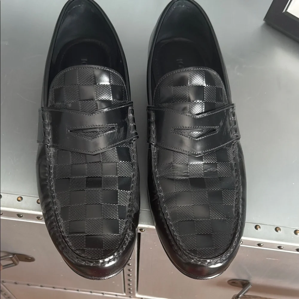 Louis Vuitton Damier Embossed Leather Outline Penny Slip On Loafers
